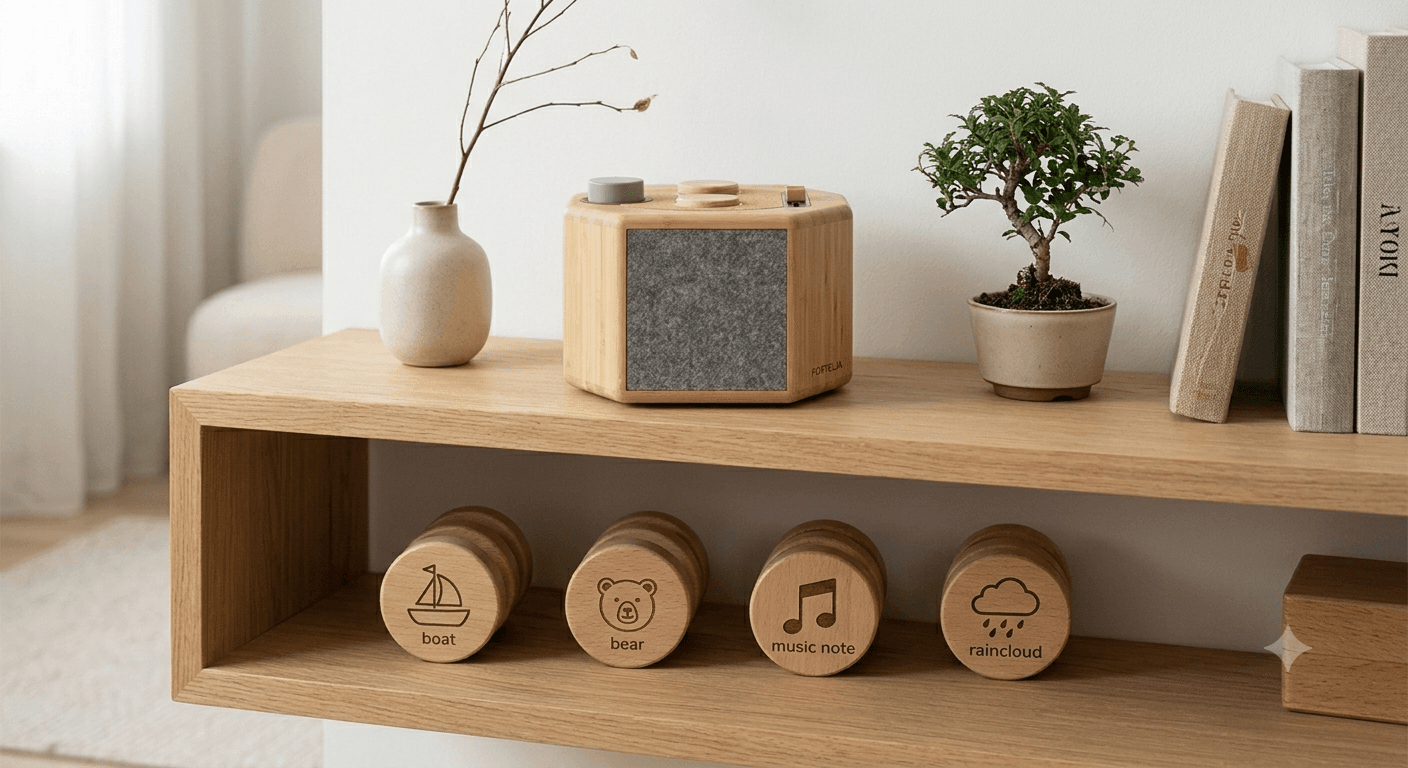 Fortelja på en hylle ved siden av en bonsai, med en rekke trefigurer under